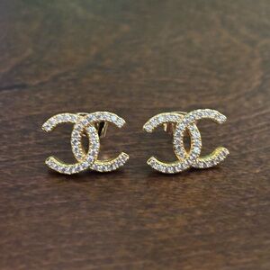 Rhinestone Logo Gold Tone Pierced Earrings